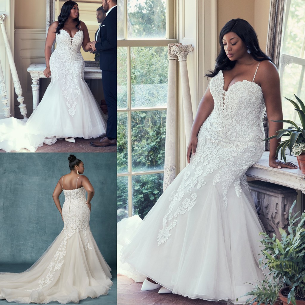 Plus Size Attractive Lace Mermaid Wedding Dresses Beaded Spaghetti Straps Bridal Gowns Covered Buttons Back Sweep Train Robe De Marie