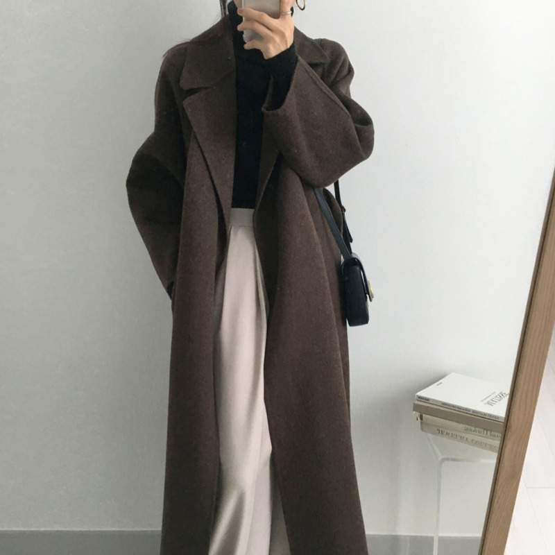 LANMREM autumn gray turn-down collar woolen coat with belt fashion Korean gentle elegant new loose long tweed coat 201103