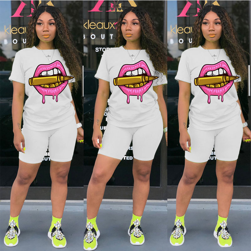 Women's Tracksuits New cartoon fashion sexy lips pattern printing all-match ladies T-shirt top shorts suit
