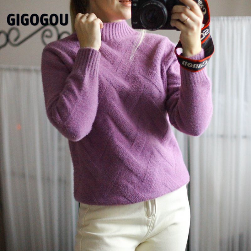 GIGOGOU Geomatric mink cashmere Womens Sweater Korea Style Elegant Thick Warm Turtlenecks Fall Winter Soft Female Jumper Top 201221