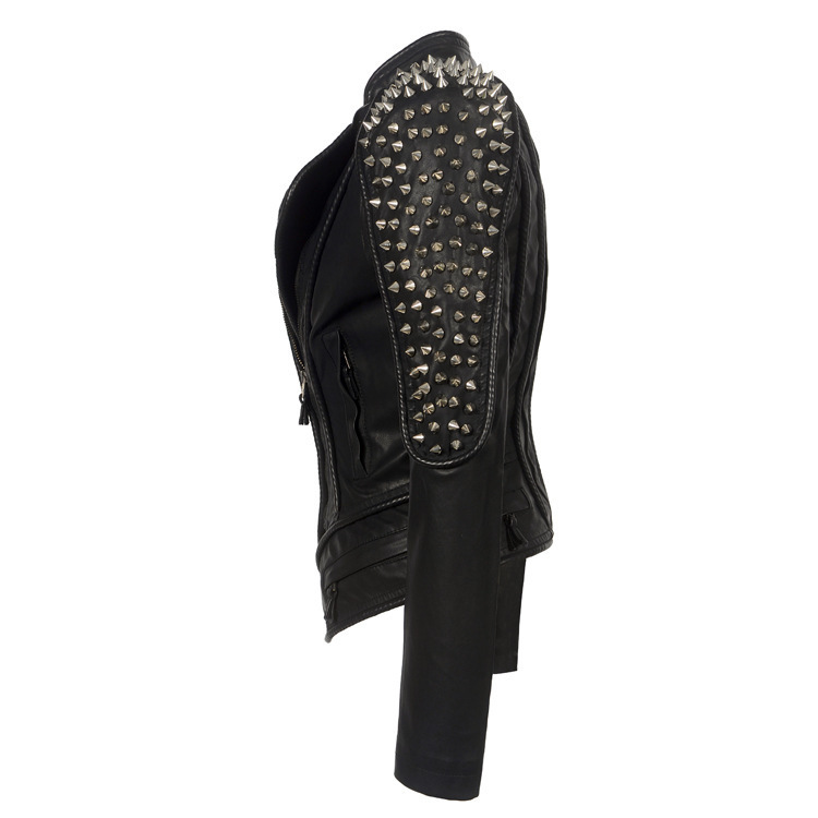 Women Leather Jacket New Spikes Stars Slim Bi-metal Silver Rivet Metallic Jacket PU Punk Biker Leather Coats SX01 Y201006