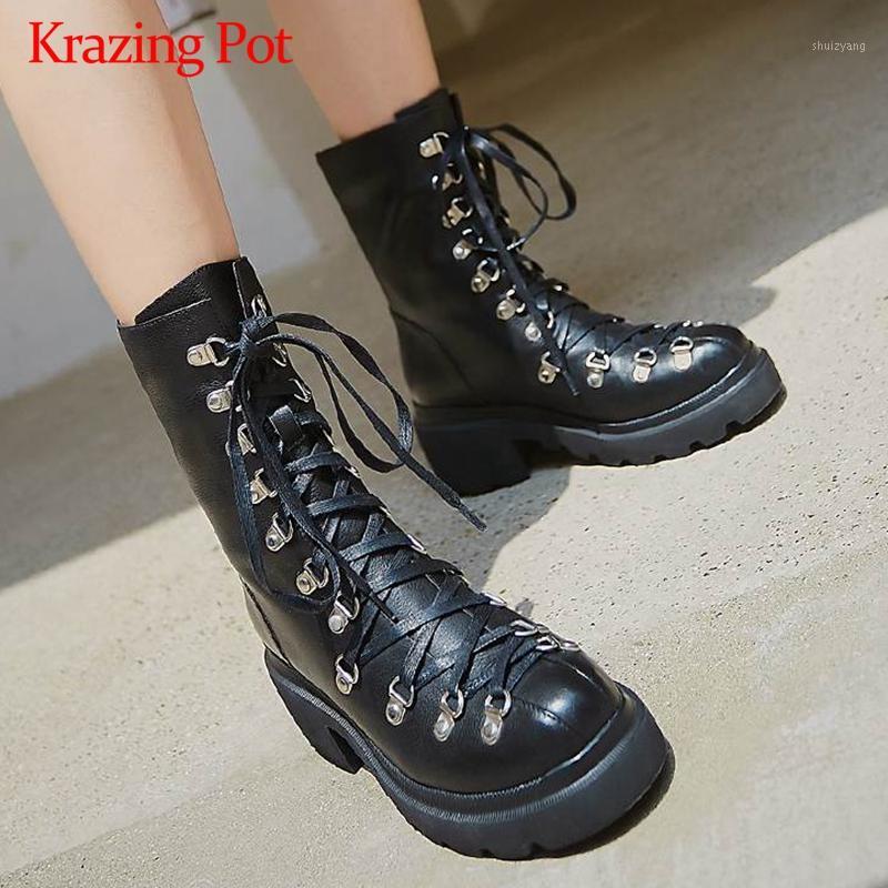 Krazing pot 2019 lace up platform cow leather round toe thick high heels punk design rivets metal fasteners mid-calf boots L631, Black
Krazing pot 2019 lace up platform cow leather round toe thick high heels punk design rivets metal fasteners mid-calf boots L631, Black