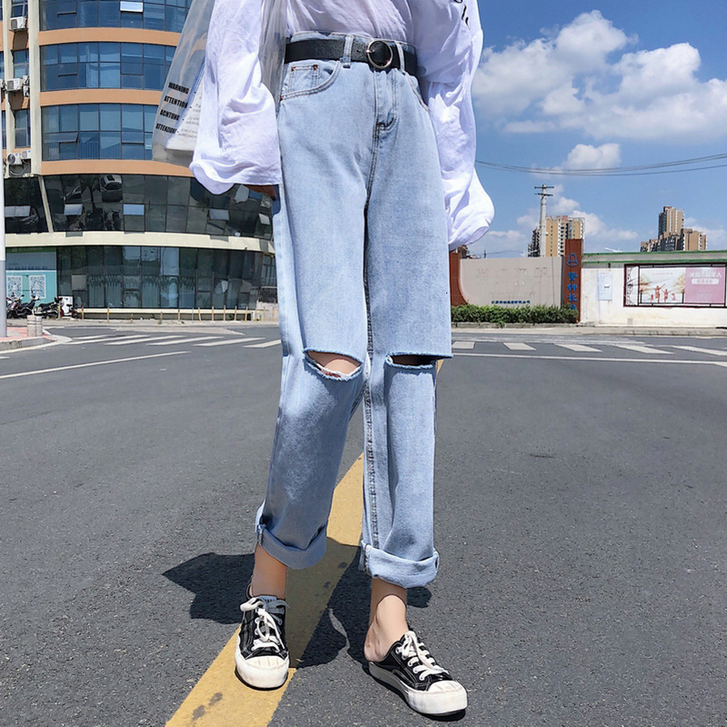 New Korean fashions light wormhole beggar waist high brim thin women straight bobbin bf version looses wide leg pants HL6Q, Light blue
New Korean fashions light wormhole beggar waist high brim thin women straight bobbin bf version looses wide leg pants HL6Q, Light blue