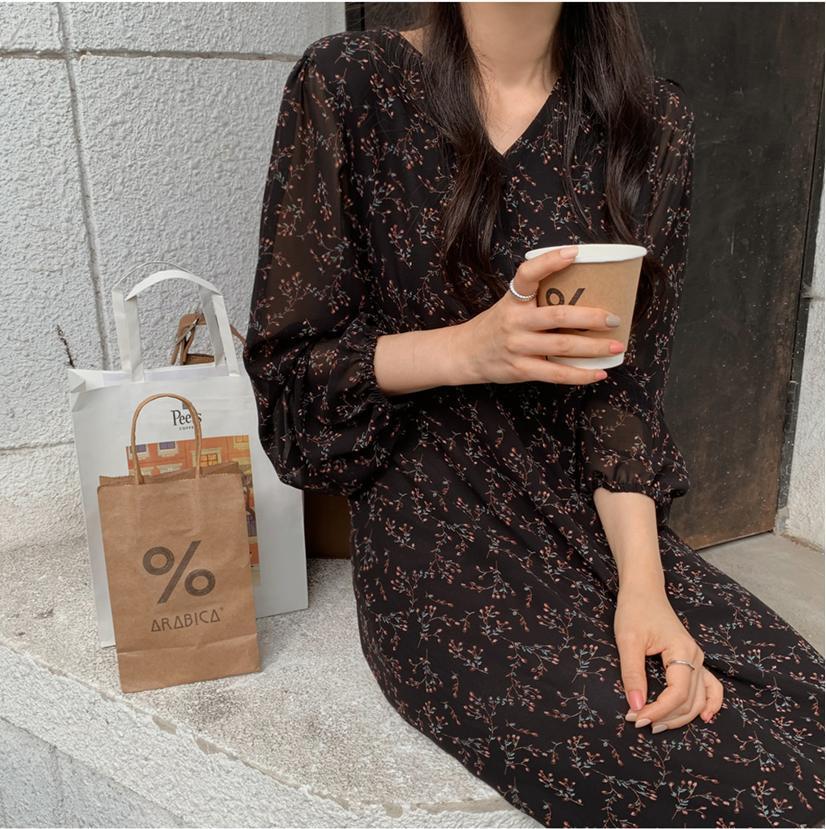 Vintage Vneck Buttons Laceup Female Chiffon Dress Full Sleeve Midi Dress Elegant Casual Floral Print Women Dress T200613