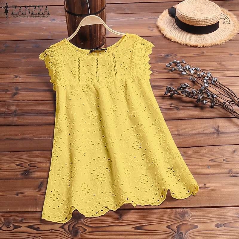 

ZANZEA Fashion Women Lace Crochet Vest Tee Summer Hollow Out Tanks TopsSolid Casual Work Blusas White Top Sleeveless Shirt Y200422