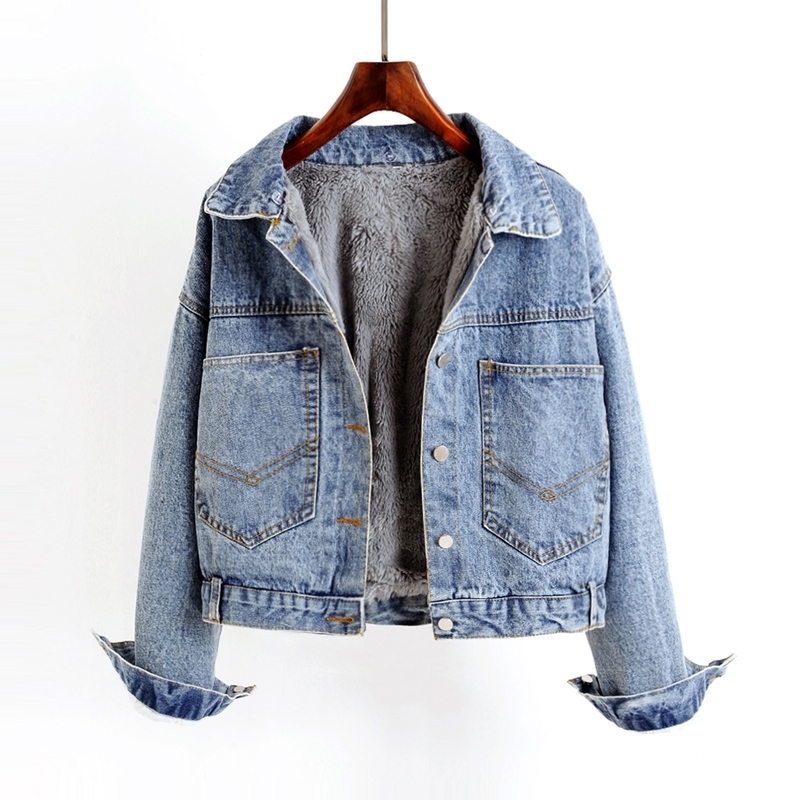NIJIUDING Winter Casual Solid Real Fur Collar Denim Jacket Female Loose Single Breasted Plus Velvet Thickened Parkas Women 201127