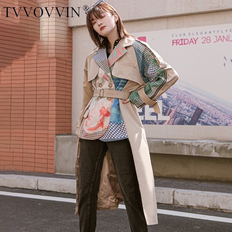 TVVOVVIN Spring New Long-sleeved Abstract Pattern Printing Stitching Fashion Ladies Irregular Hem Khaki Trench Coat KBV8 201102