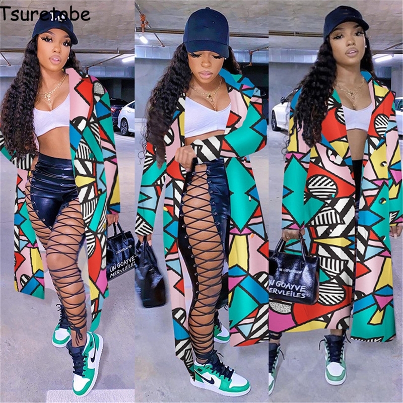 Tsuretobe Plaid Trench Coat For Women Fall Plus Size Clothing Elegant Long Coat Women Fashion Geometric Print Outwear Mujer 201102