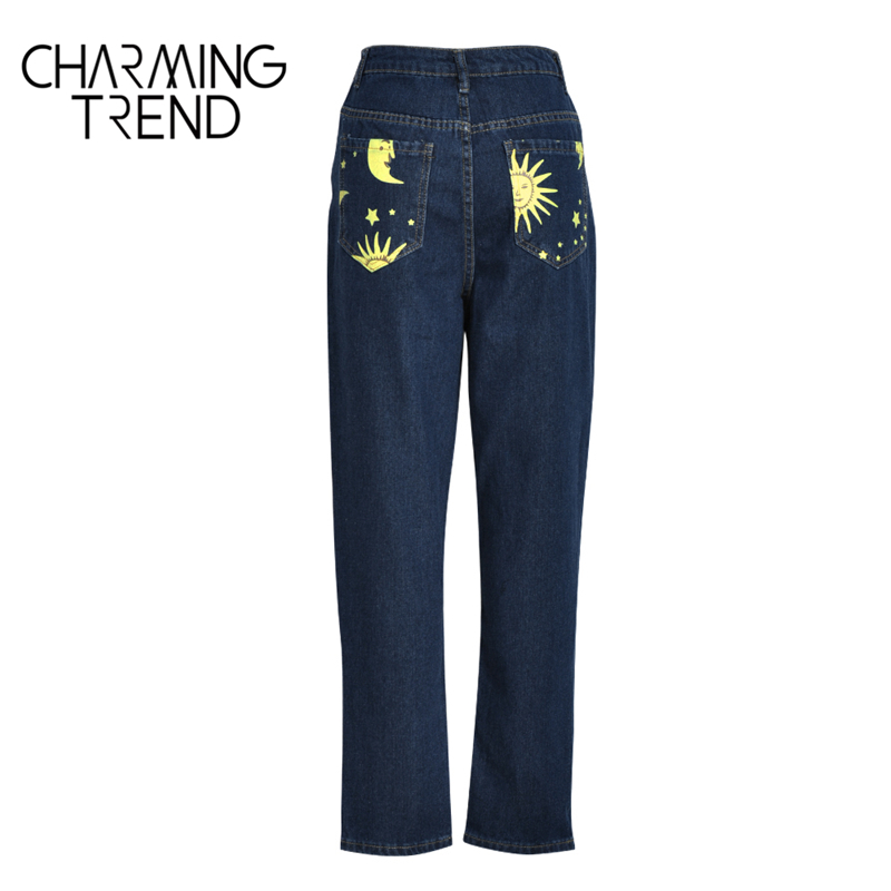 Women's High waist Pant jeans Female Summer womens Jeans Trousers Girls Denim Chic Fashion Moon Star Sun Print Pants Women 201106