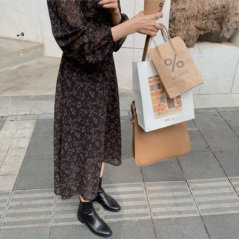BGTEEVER Vintage Vneck Buttons Laceup Female Chiffon Dress Full Sleeve Midi Dress Elegant Casual Floral Print Women Dress T200416