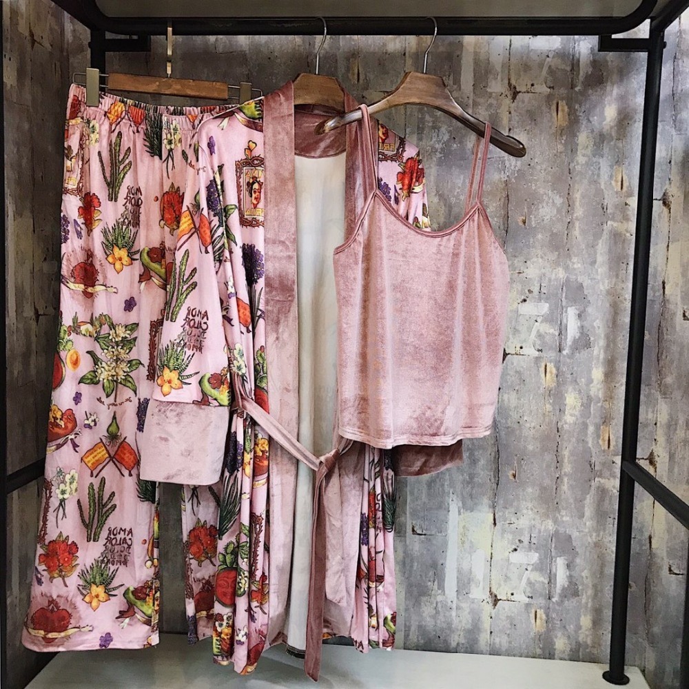 Fashion Autumn Multicolor Print Velvet Women 3 Pieces Pajama Sets Winter Vintage Sexy Robe Sets Elegant Female Nightwear E2582 201113
