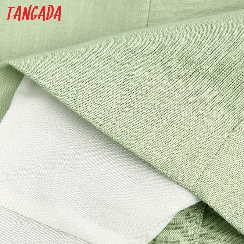Tangada women green cotton linen blazer female long sleeve elegant jacket ladies work wear formal suits BE753 201114