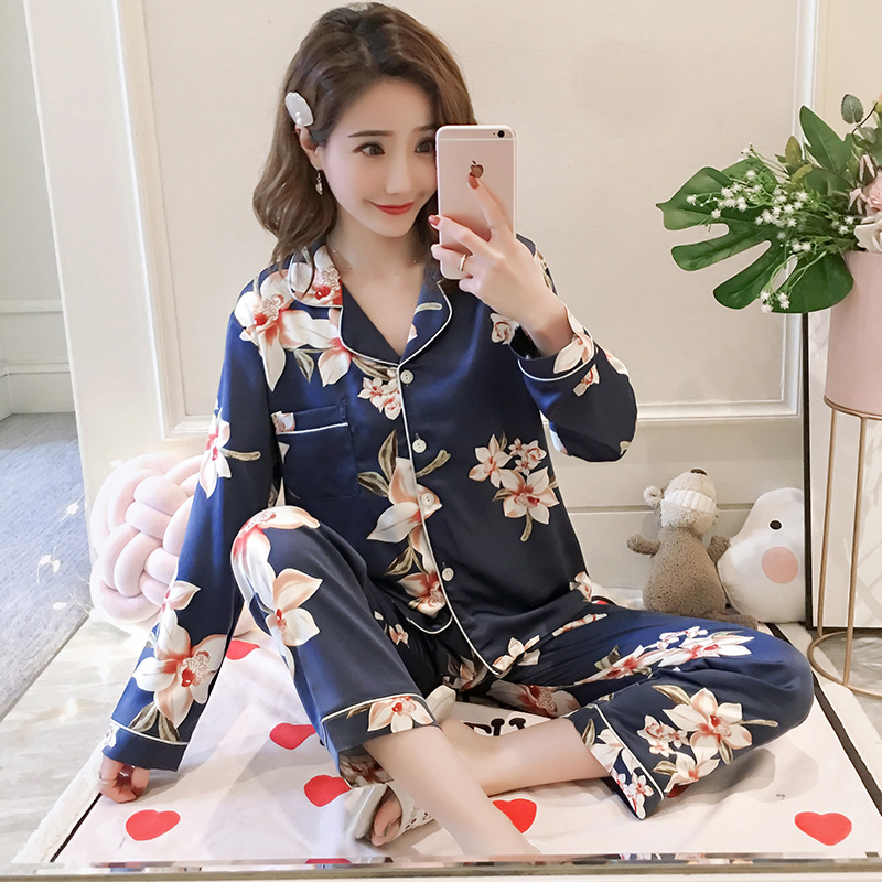 2 Piece Women Sleepwear Plus Size 3XL 4XL 5XL 85kg Nightwear Long Sleeve Silk Pajamas New Spring Autumn Print Cute Pyjamas 201027