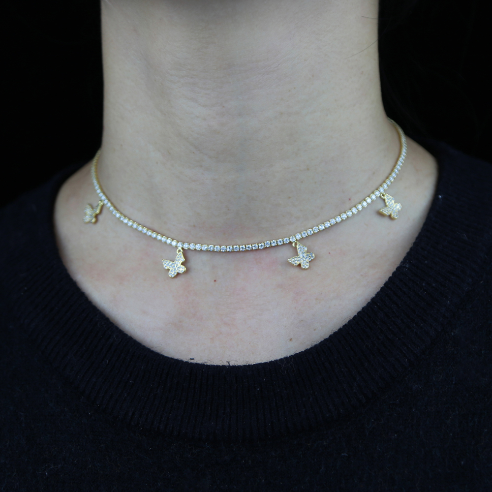 High Quality 2mm Thin CZ Tennis Chain Micro Pave 5A Cubic Zirconia Butterfly Charm Pendant Lovely Animal Women Necklace Jewelry