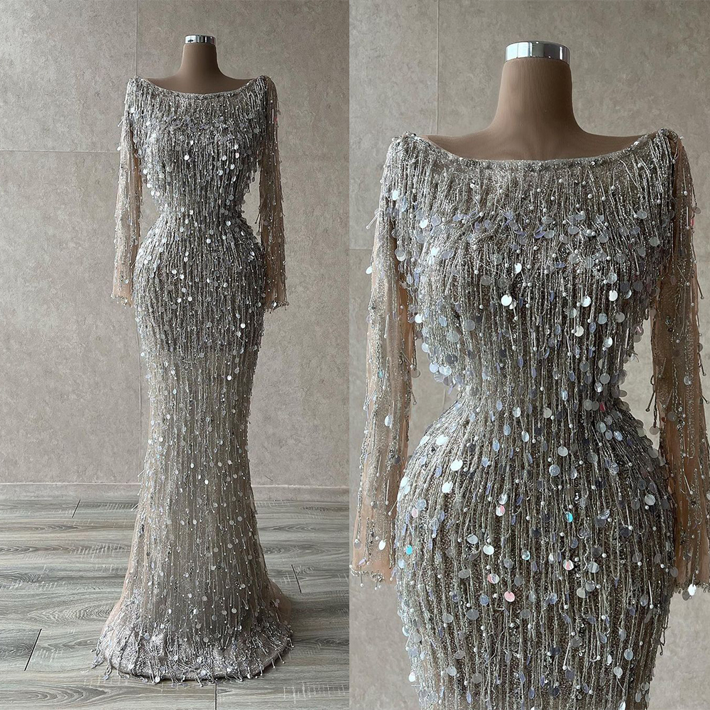 Luxury Mermaid Formal Prom Dresses With Jewel Long-sleeves Evening Dress Chic Tiered Party Gowns Custom Made Sequined race Robe de mariée