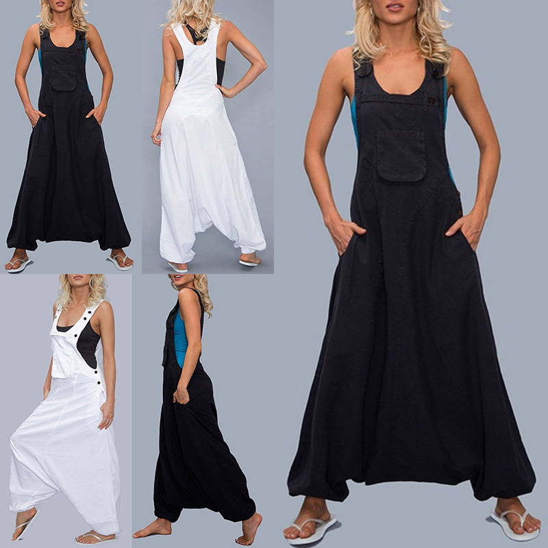 Women Loose Jumpsuit Casual Overalls Drop Crotch Romper Pockets Sleeveless 2019 Summer Jumpsuits T200107