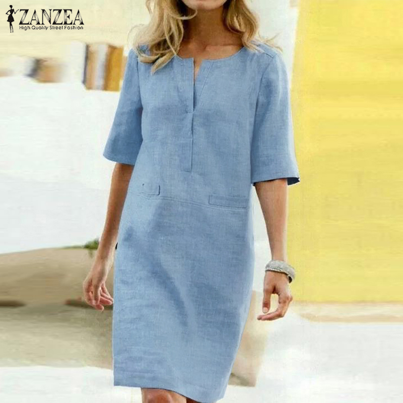 ZANZEA Shirt Dress Women's Summer Sundress Vintage Casual Tunic Vestidos Elegant Female Half Sleeve Party Robe Plus Size T200613