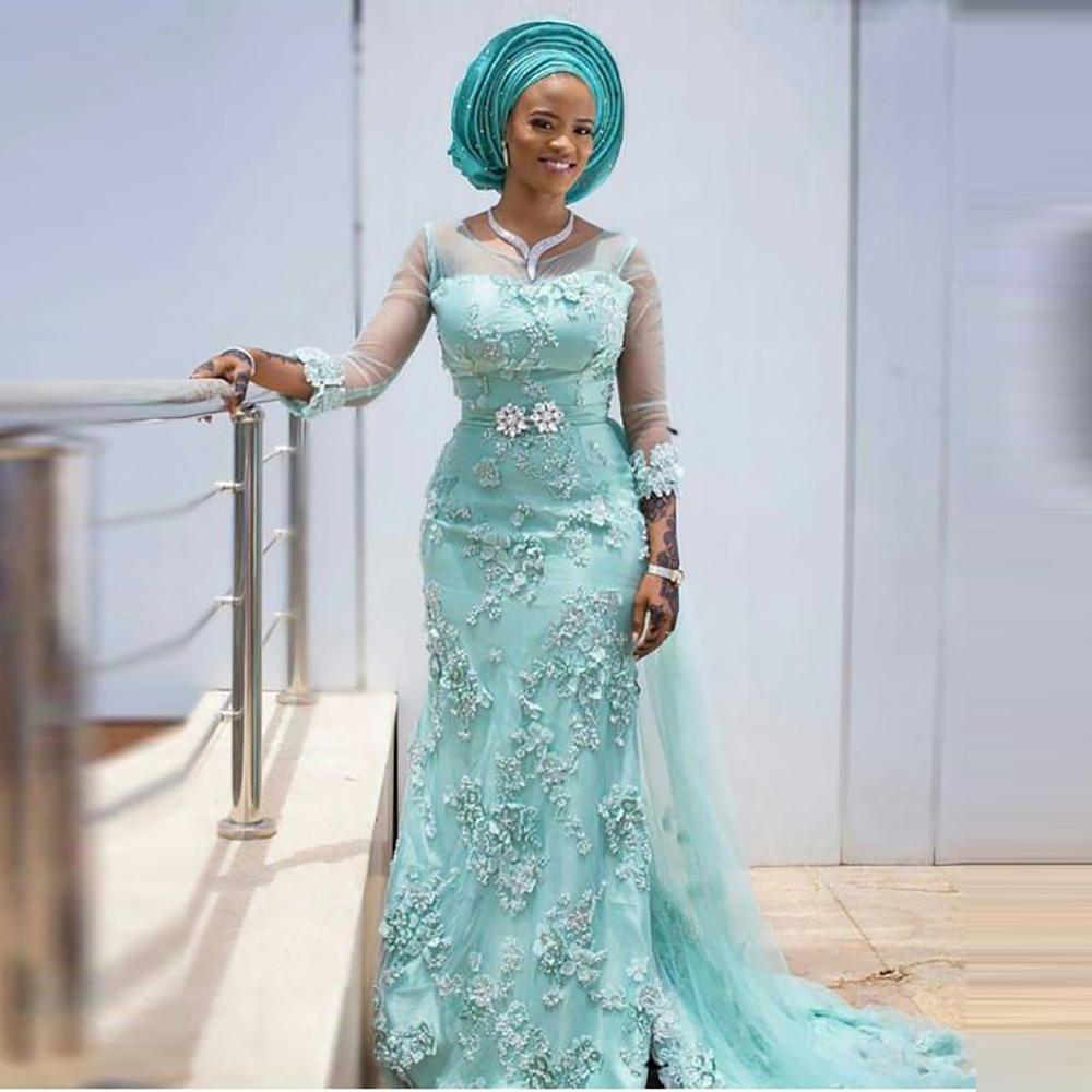 Mint Green Mermaid Evening Dresses Illusion Long Sleeve 3D Floral Lace Aso Ebi Prom Reception Gown Caftan Marocain de mariage