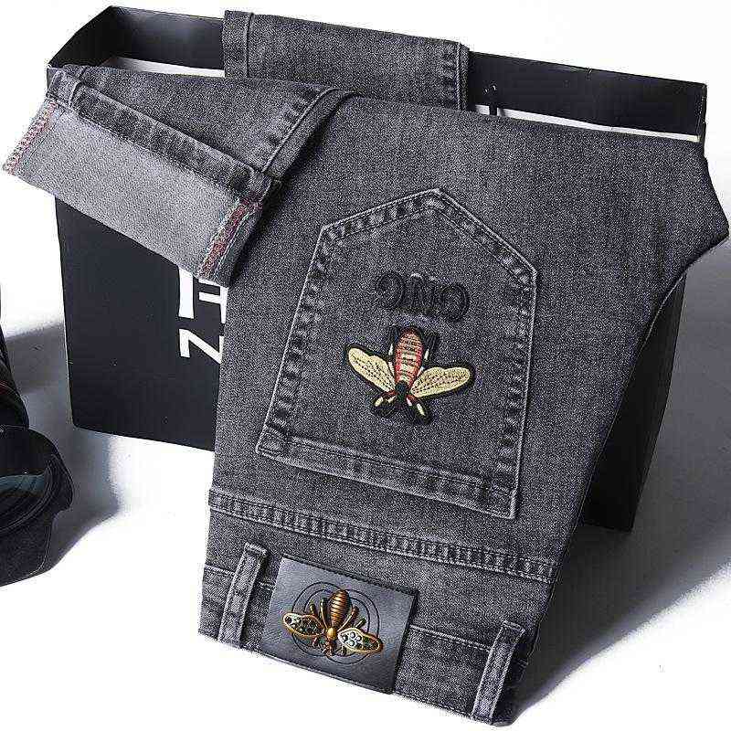and Spring Summer Jeans Young Men's Embroidered Slim Fit Small Foot Elastic Casual Trend Pants