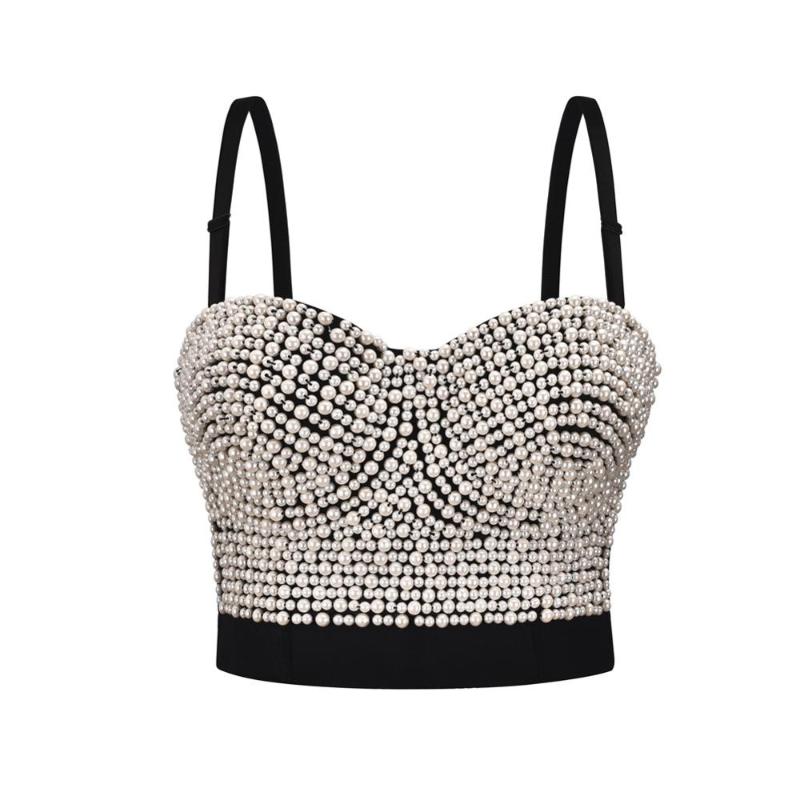 White Pearl Beading Crop Top Women Bra, Black