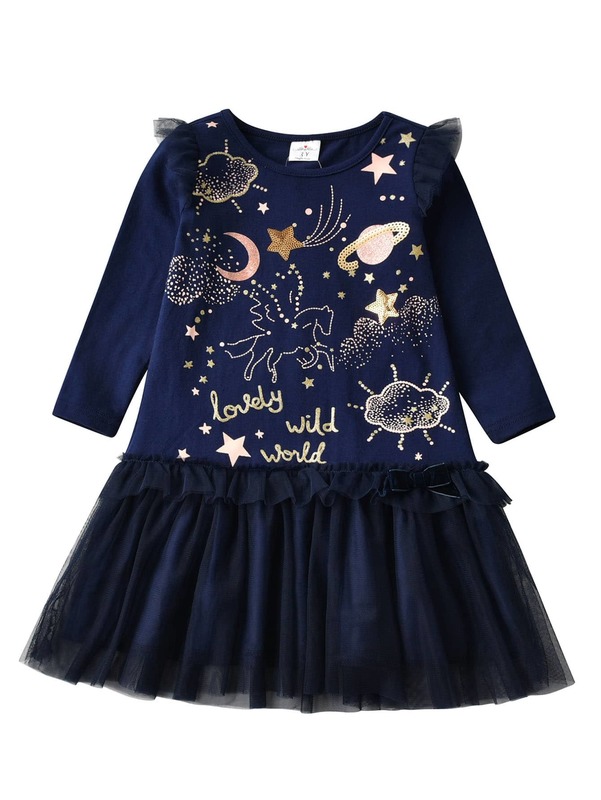 Toddler Girls Cartoon Pattern Sheer Mesh Ruffle Detail Dress SHE