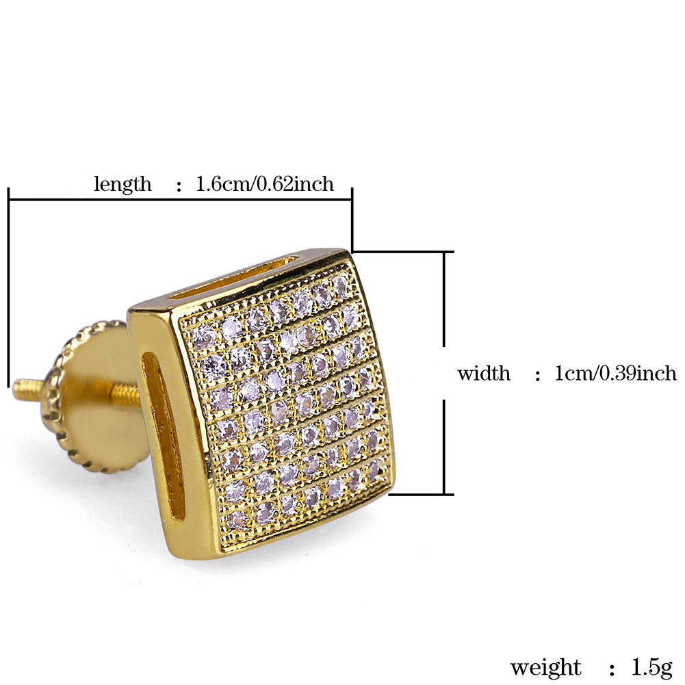 Hip Hop Stud Earrings Square Screw Back White Zircon Dangle Earrings Gold Plated Vintage Geometric Jewelry Wholesale