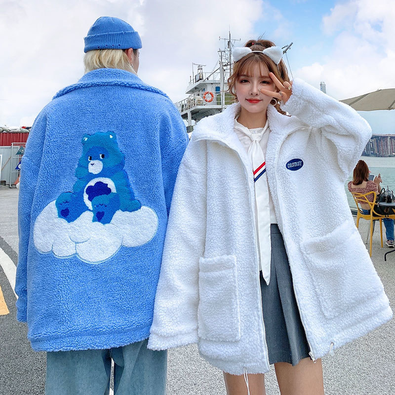 LINDSEY SEADER Harajuku Lamb Wool Winter Jacket Embroidery Bear Thin Parkas Men Streetwear Cotton Zipper Winter Men Coats 201118