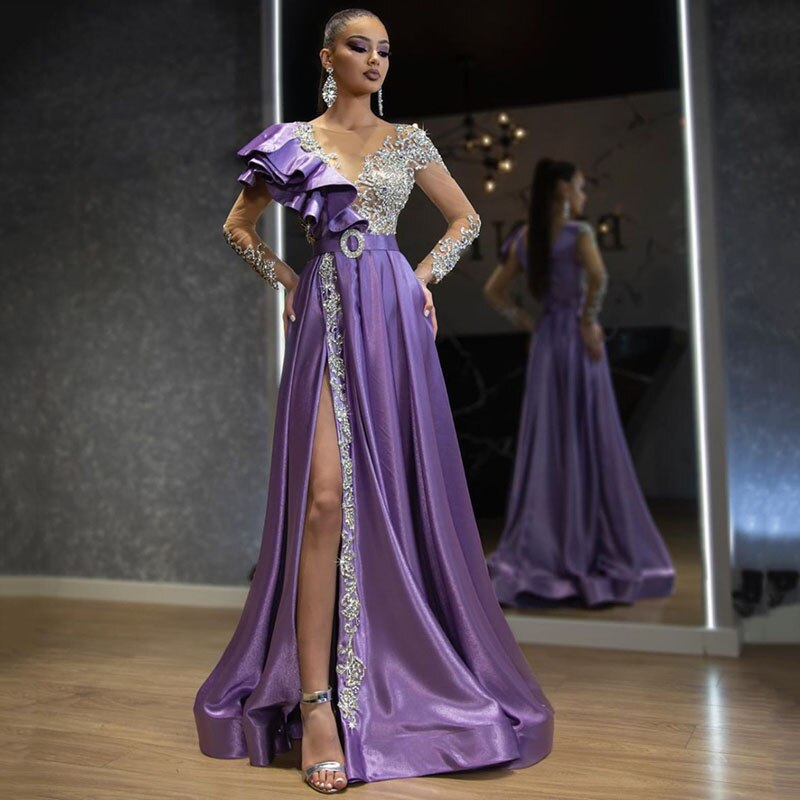 Unique Prom Dresses Side Split Ruffles Party Dresses Light Purple Beading Crystals A Line Custom Made Evening Dress