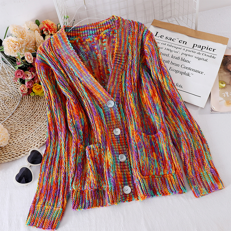 Rainbow Sweater Cardigans Casual Chic Colorful Women Cardigans Long Sleeve Boho Vintage Knitted Sweaters Autumn Winter 201030wtt