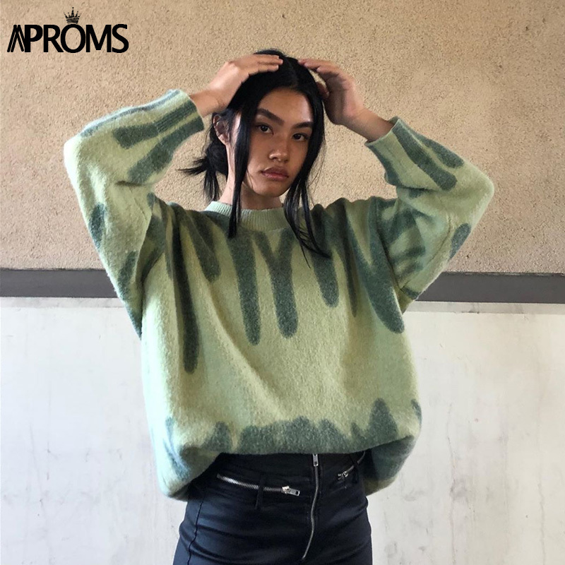 Aproms Elegant Green Striped Print Oversized Pullovers Women Winter O-Neck Loose Long Sweaters Streetwear Warm Outerwear 201023