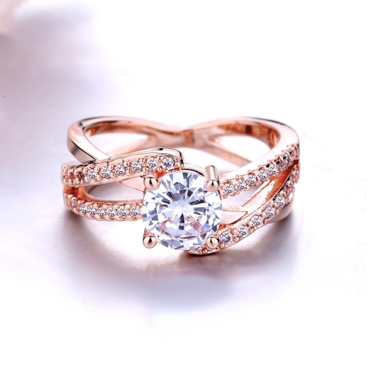 Sterg Sier Rose Gold Filled White Topaz CZ Round Cut Women's Wedding Engagement Band Ring