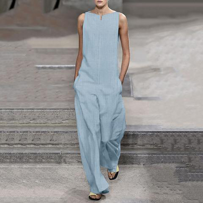 Lipswag Women Elegant Solid Loose Jumpsuit Summer Fashion Sleeveless Jumpsuit Rompers Ladies Sreetwear Pockets Overalls Playsuit T200107