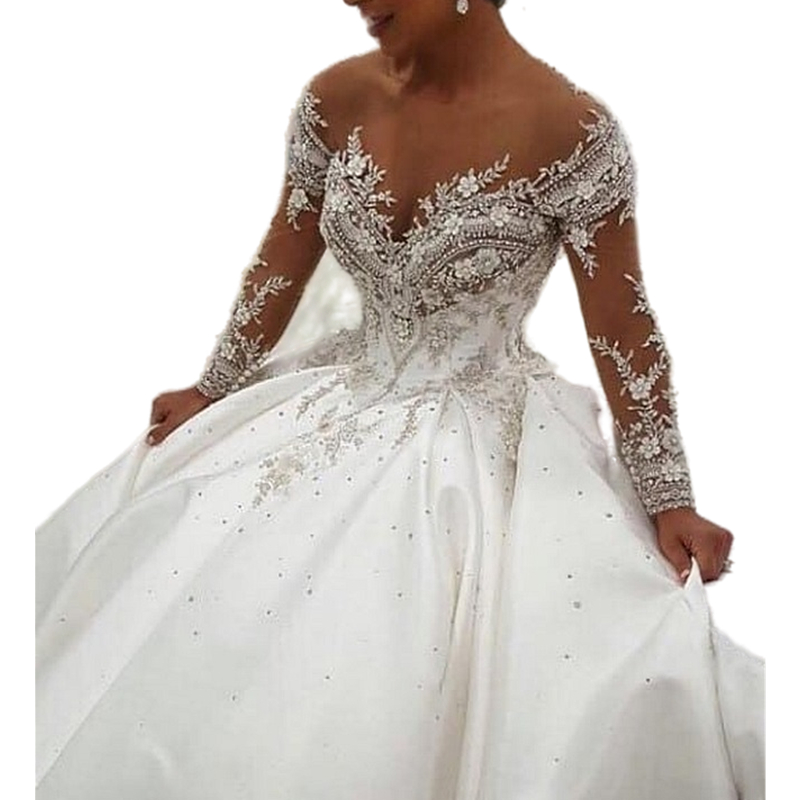 Luxury Crystals Beaded Flowers A Line Wedding Dress Off The Shoulder Long Sleeve Arabic Dubai Bridal Gowns Satin Court Train Robe De Mariee Vestido 20