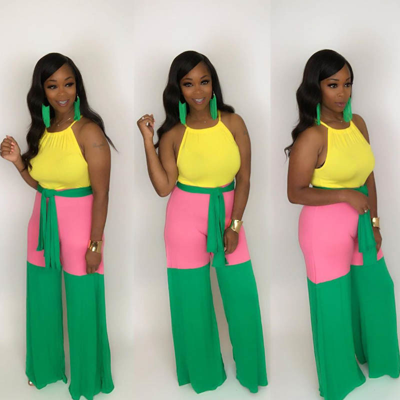 Best selling new women's colorblock jumpsuit urban casual strap summer jumpsuit sexy tight long jumpsuit T200616