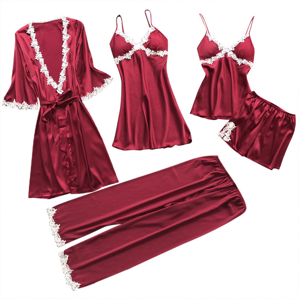 Sexy Women Robe&Gown Sets Lace Bathrobe + Night Dress 5Pcs Sleepwear Womens Sleep Lounge Set Faux Silk Robe Femme Lingerie *S 210203