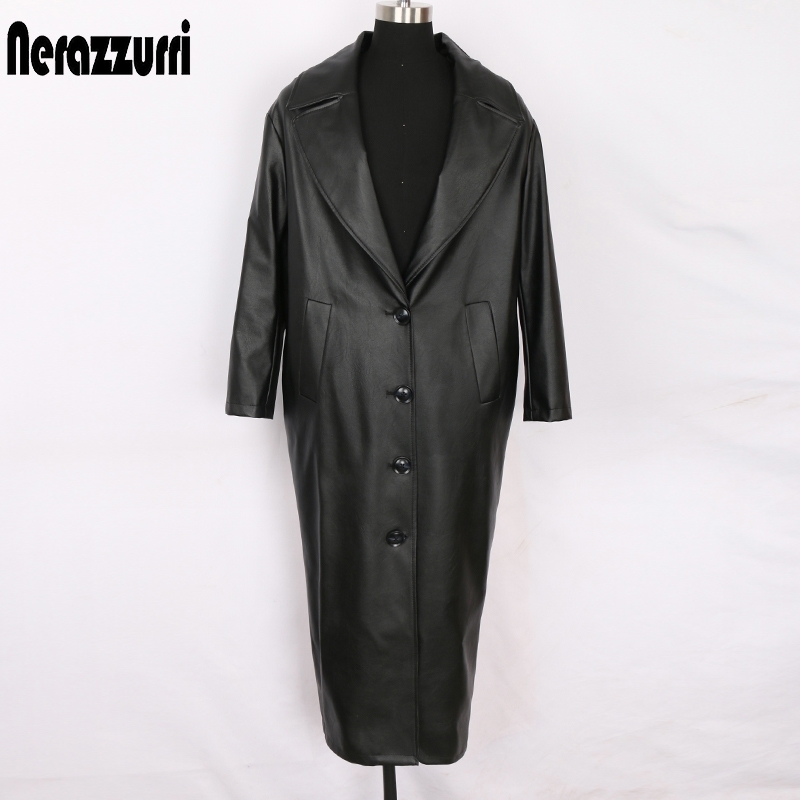 Nerazzurri Oversized cocoon leather trench coat women long sleeve single breasted Plus size loose soft faux leather overcoat 7xl 201030