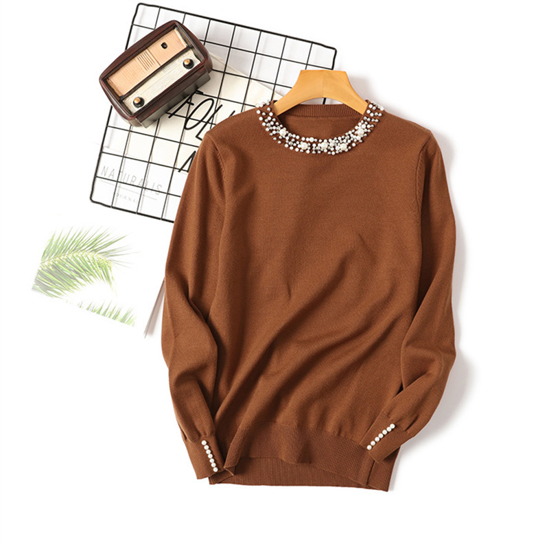 Autumn Beadings O-Neck Pullover Women's Sweater Long Sleeve Solid Office Lady Female Jumper Winter Khaki Woman Sweaters 201023