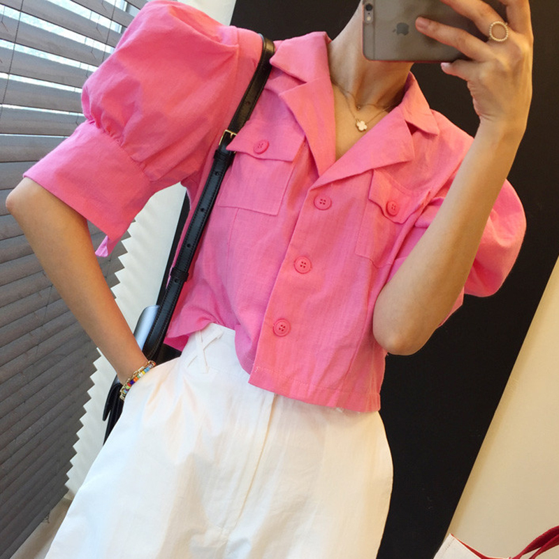 Gagarich Women Coat Korean Style Chic Summer Simple Candy-Colored Single-Breasted Loose Puff Sleeve Suit Cropped Jackets Ladies 201029