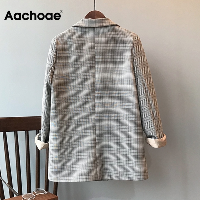 Aachoae Korean Style Chic Plaid Blazer Women Office Wear Long Sleeve Female Jacket Vintage Loose Pockets Double Breasted Coat 201114