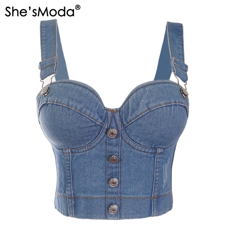 She'sModa Denim Jeans Scratched Women's Button Diamonds Ripped Push Up Bustier Night Club Party Crop Top New Corset Camise 201028