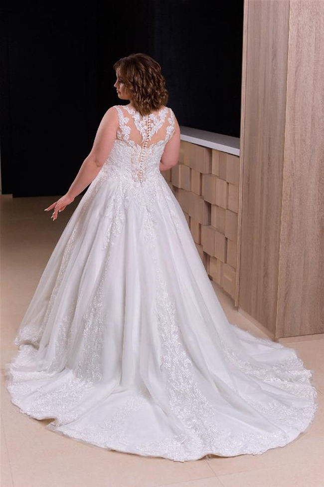 2022 Vintage Plus Size A Line Wedding Dress Jewel Neck Lace Appliqued Ivory Tulle Bridal Dresses Long Wedding Gowns Sleeveless Summer robes de mariée