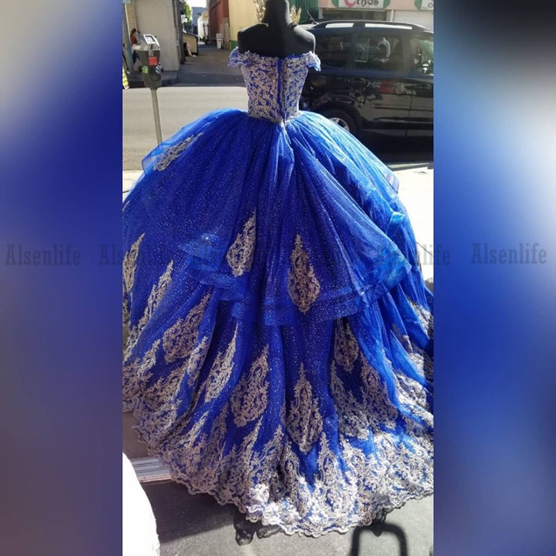 Royal Blue Sweet 16 Quinceanera Birthday Dresses Bead Lace Off the Shoulder Masquerade Party Gowns Vestidos De XV Anos