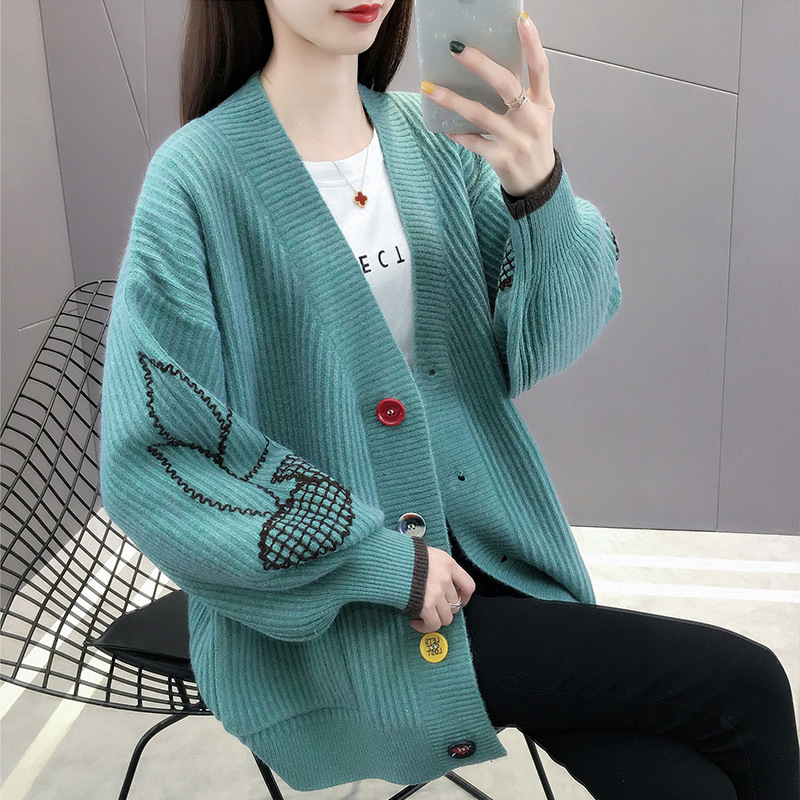 Autumn New Korean Fashion Embroidered Knitted Cardigan Women's Sweater Korean Loose Autumn and Winter Middle Long Coat 201031
