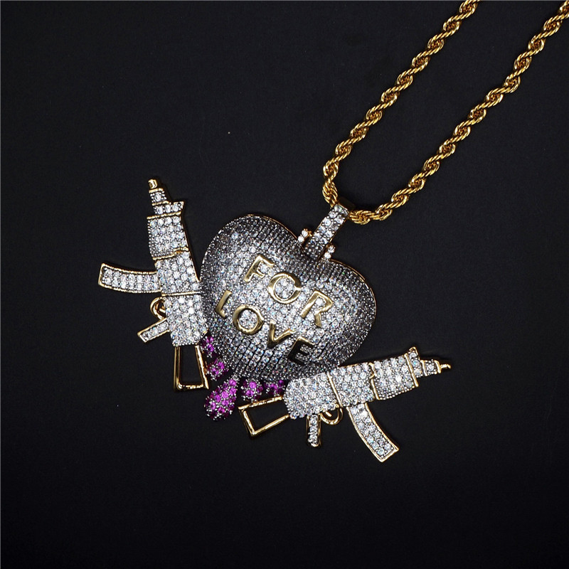 Iced Out Love Heart Pendant Hip Hop Full CZ Stone Double Gun Charm Necklace Rapper Jewelry For Men Free shipping Free shipping