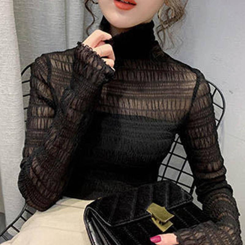 Women Shirts Tops 2020 Autumn Solid Color Heap Collar Slim Blouse See Through Sheer Base T-shirt Casual Lace Elastic Black Tops
Women Shirts Tops 2020 Autumn Solid Color Heap Collar Slim Blouse See Through Sheer Base T-shirt Casual Lace Elastic Black Tops