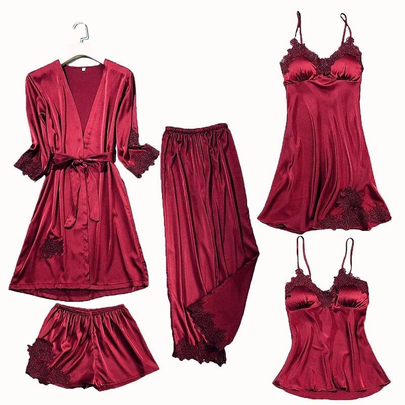 women's summer silk like sexy pajamas five piece set spring summer and autumn suspenders, home clothes with chest pads, Grey
women's summer silk like sexy pajamas five piece set spring summer and autumn suspenders, home clothes with chest pads, Grey
