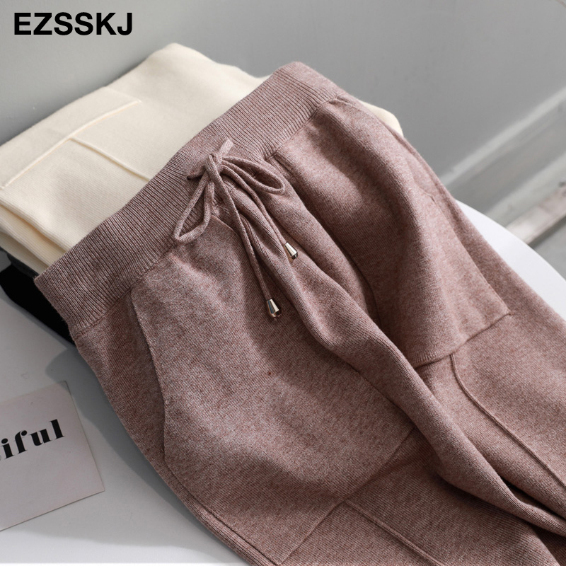Harem winter Drawstring chic autumn Women Loose female Knitted knit Trousers With Pockets Radish Pants T200324