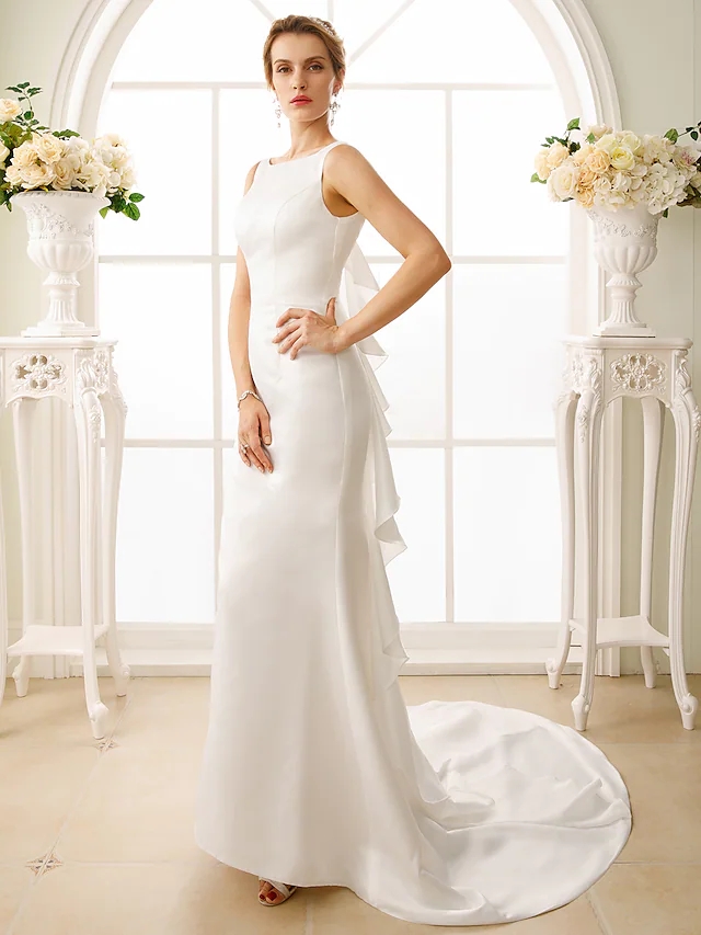2022 Bridal Gown Trumpet Wedding Dress Bateau Neck Court Train Satin Straps Simple Backless with Cascading Ruffles Vestido De Noiva Robe De Mariage