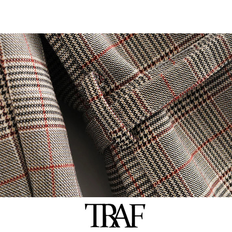 TRAF Women Vintage Stylish Office Wear Plaid Blazer Coat Fashion Long Sleeve With Belt Female Outerwear Chic Tops 201114