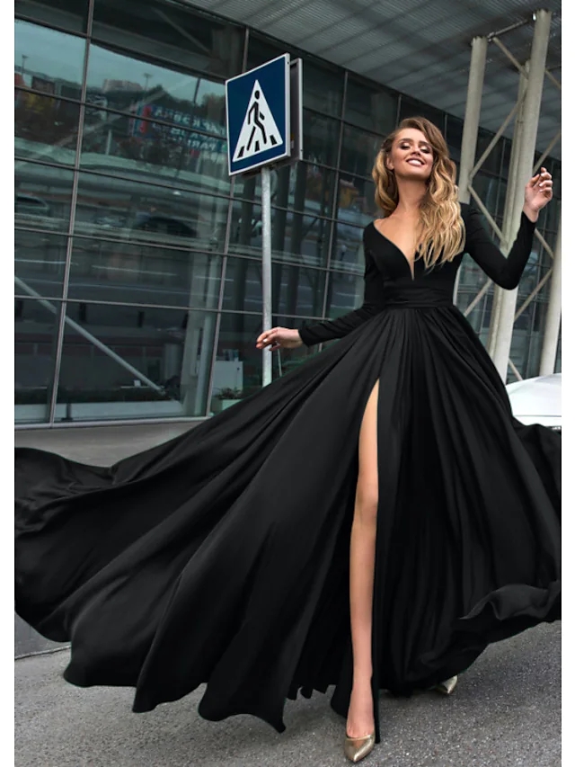 A-Line Empire Holiday Formal Evening Birthday Dress 2022 Prom Party Gown V Neck V Back Long Sleeve Floor Length Satin Slit Abendkleider robe de soiree